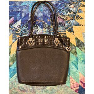 Brighton Black Pebbled Leather Black Croc Trim Handbag Crossbody Purse Bag